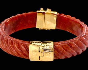 Vintage Red Jade Bangle Bracelet Hinged Clasp, Carved Jadeite, Gold Vermeil, Size 7 Statement