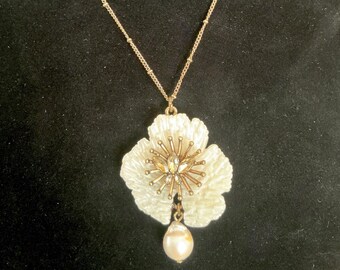 Oscar de la Renta Flower Gold Tone Pendant Necklace with Baroque Pearl Drop