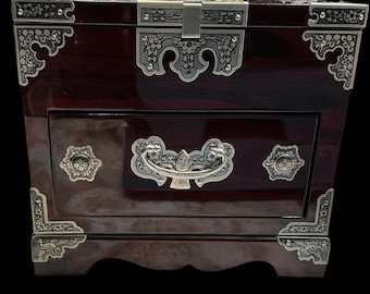 Lacquer Mahogony Jewelry Box Red Velvet Lined Interior