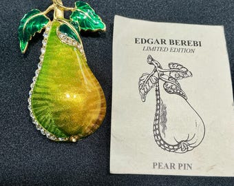 Edgar Berebi Limited Edition Pear Pin Brooch Signed Enamel Rhinestone COA