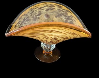 Murano Glass Curved Centerpiece Bowl – Vintage Amber Brown Spatter Pedestal Art Glass, Handblown Italy
