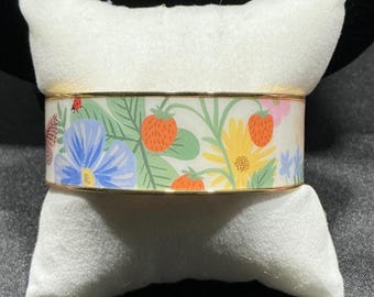 Rifle Paper Co Strawberry Fields Cuff Bracelet Gold Tone Floral Bangle Adjustable Bracelet