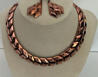 Vintage Signed Renoir Copper chevron Necklace Earrings Set MCM