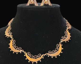 Renoir Crescent Moon Copper Necklace Earrings Set Mid Century Modern Filigree