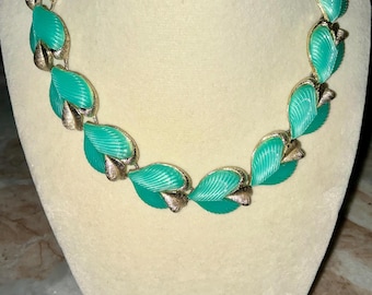 Thermoset Leaf Necklace Mint Green Seafoam Vintage Gold Tone Mid Century Choker Necklace