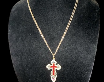 Camrose Kross Jackie Kennedy Byzantine Cross Necklace, Red Enamel Gold Tone Pendant