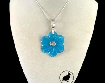 Large Blue Chalcedony Flower Necklace, Carved Gemstone Pendant, Sterling Silver 925 Chain