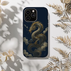 Celestial Dragon Phone Case Design - Majestic Serpent in Storm Clouds with Lightning, Gold Accents, Fantasy East Asian Art