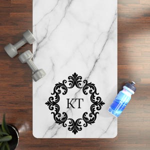 Custom Initial Yoga Mat - Personalized White Marble Design - Monogram Frame - Gift for Her - Elegant Home Exercise Mat