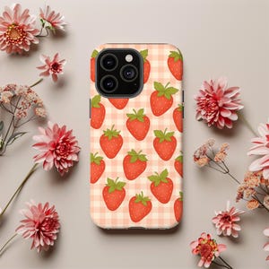 Erdbeer Platz Handyhülle | Platz iPhone Hülle | Retro Picknick ästhetische Telefon-Hülle | Niedliches Obst Print Geschenk für Sie | Pinterest Handyhülle
