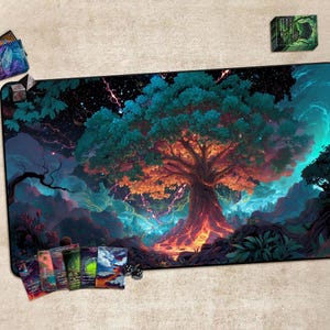 May include: A rectangular playmat featuring a vibrant fantasy landscape with a large tree at the center. The tree has orange and green foliage, set against a backdrop of swirling clouds and a starry sky. Several game accessories are visible.