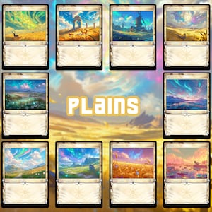 May include: Nine fantasy art cards showcasing diverse landscape scenes. The cards display vivid colours, including blues, greens, yellows, and purples, with the word "Plains" in the centre.