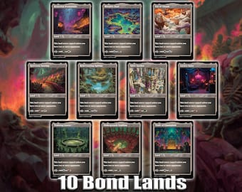 Könnte beinhalten: Zehn Magic: The Gathering Bond Lands Karten werden gezeigt. Jede Karte zeigt einzigartige Fantasy-Kunst und das Wort "Land". Die Karten umfassen "Beautiful Promenade", "Morphic Pool", "Sea of Clouds", "Spectator Seating" und andere. Der Text "10 Bond Lands" befindet sich unten.