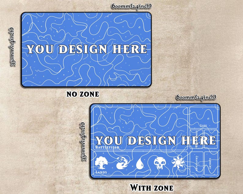 May include: Two blue rectangular playmats, each 24 inches long and 14 inches wide. One mat has a white swirl design and the text "YOU DESIGN HERE". The other mat has the same text and a zone layout.
