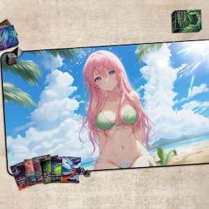 Gaming-bureaumat, speelmat voor TCG, cadeau, grote muismat, gamekaartmat (met of zonder zones), speelkleed, Summer Beach Bikini Girl