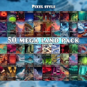 Könnte beinhalten: Eine Sammlung von 50 Landkarten im Pixel-Stil, die jeweils einzigartige Fantasy-Landschaften zeigen. Die Karten zeigen verschiedene Umgebungen, darunter Wälder, Berge und mystische Reiche. Der Text "Pixel Style" und "50 Mega Land Pack" ist prominent dargestellt.