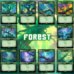 May include: Nine "Forest" trading card game cards, each depicting a different fantasy forest scene. The cards have a green border and the word "Forest" is displayed in large green letters. The cards are labelled "Basic Land - Forest".