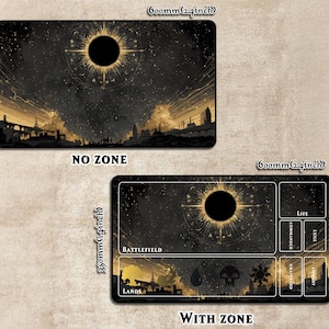 May include: Two black and gold gaming mats, 24 inches by 14 inches, with a celestial design. One mat is labeled "NO ZONE" and the other "WITH ZONE" with game zones for life, commander, exile, graveyard, and library.