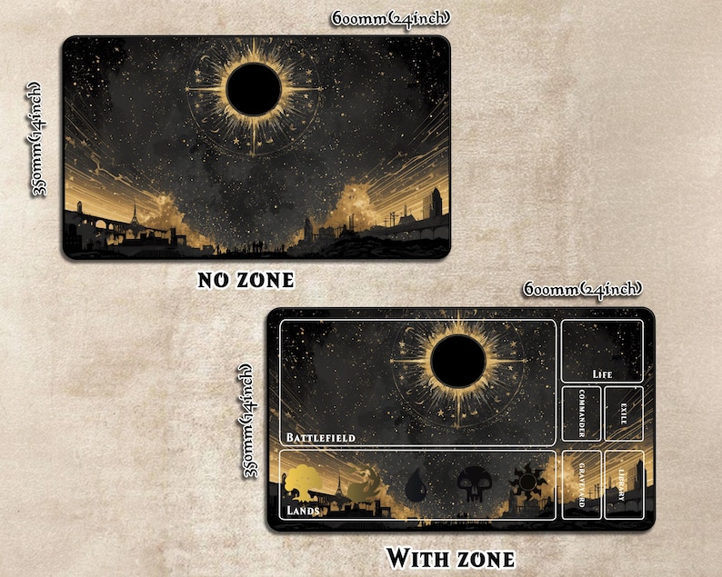 May include: Two black and gold gaming mats, 24 inches by 14 inches, with a celestial design. One mat is labeled "NO ZONE" and the other "WITH ZONE" with game zones for life, commander, exile, graveyard, and library.