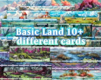 May include: A collection of illustrated cards featuring various landscapes, including mountains, forests, and coastal scenes. The text "Basic Land 10+ different cards" is displayed in the center of the image. The cards have a fantasy theme.