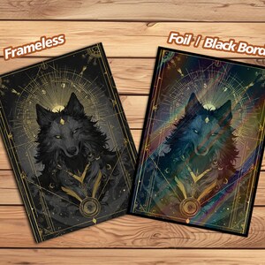 May include: Two art prints with a wolf illustration and geometric designs. One is frameless, the other has a black border. The prints feature gold and black colours, with the text "Frameless" and "Foil / Black Border".