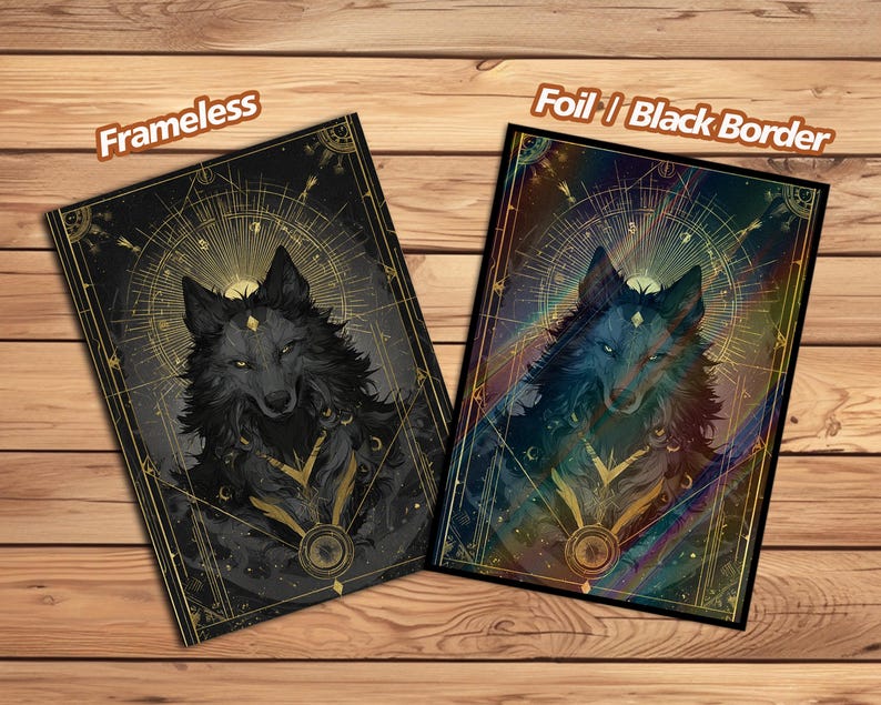 May include: Two art prints with a wolf illustration and geometric designs. One is frameless, the other has a black border. The prints feature gold and black colours, with the text "Frameless" and "Foil / Black Border".