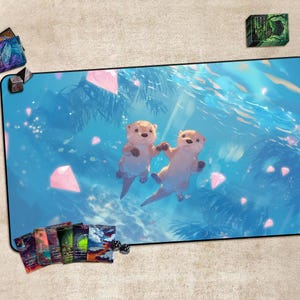 Gaming Desk Mat, Playmat for TCG, Gift, Large Mousepad, Game Card Mat，With or Without Zones，Dreamy Underwater Otters