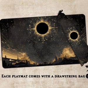May include: Black and gold playmat and drawstring bag set. The playmat features a celestial design with a large central circle and a cityscape silhouette. The drawstring bag mirrors the playmat's design. Text on the image reads "EACH PLAYMAT COMES WITH A DRAWSTRING BAG."