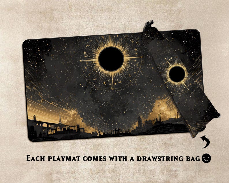 May include: Black and gold playmat and drawstring bag set. The playmat features a celestial design with a large central circle and a cityscape silhouette. The drawstring bag mirrors the playmat's design. Text on the image reads "EACH PLAYMAT COMES WITH A DRAWSTRING BAG."