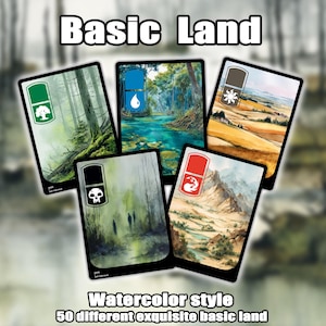 Könnte beinhalten: Fünf Basic Land Karten im Aquarellstil, die jeweils eine andere Landschaftsszene darstellen. Die Karten zeigen Wälder, Flüsse und Felder. Jede Karte hat ein Symbol in der oberen linken Ecke und den Text "Basic Land" oben.