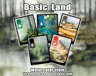 Basic Land Pack:50 custom designed high quality watercolor style basic land cards,high quality lands,mountain,forest,swamp,island,plains