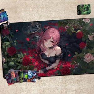 Gaming Desk Mat, Playmat for TCG, Gift, Large Mousepad, Game Card Mat，With or Without Zones，Play Mat,Pink - haired Girl in Rose Garden