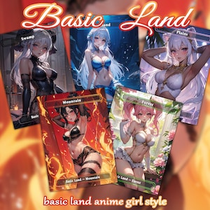 Basic Lands Bundle 5  Different cards Custom Proxy Magic Card，High Quality Cards，Anime girl style