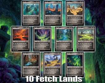 Könnte beinhalten: Zehn Magic: The Gathering "Fetch Lands" Sammelkarten. Jede Karte zeigt eine einzigartige Landschaftsillustration mit schwarzem Rand und Text. Die Karten sind in einem Raster angeordnet, mit dem Text "10 Fetch Lands" unten.