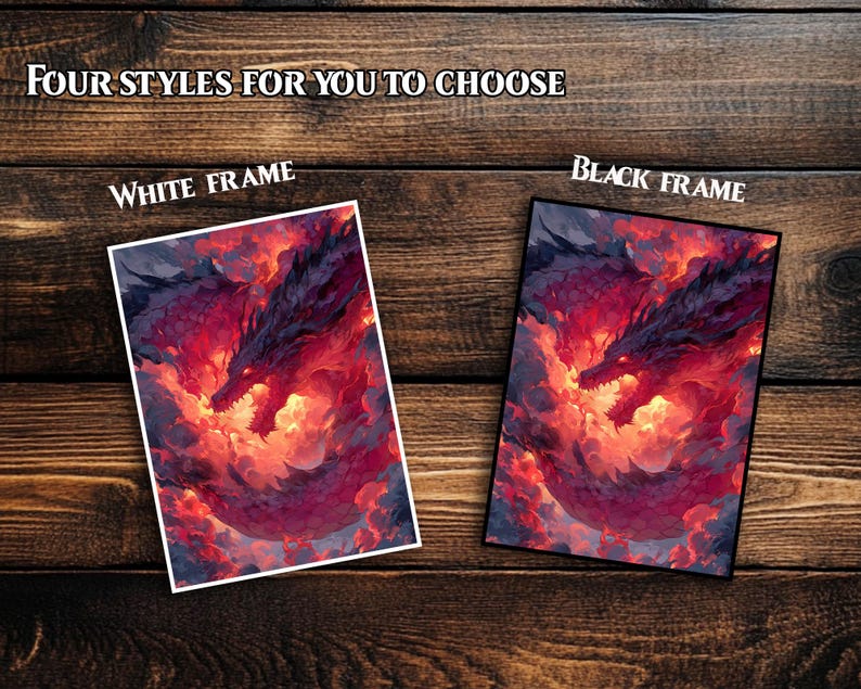 Pu&ograve; includere: Due stampe artistiche incorniciate con un'illustrazione di un drago nei toni del rosso, viola e arancione. Una stampa ha una cornice bianca, l'altra una cornice nera. Il testo "FOUR STYLES FOR YOU TO CHOOSE" &egrave; in alto.