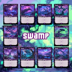 May include: Nine Magic: The Gathering Swamp Basic Land cards. Each card depicts a different fantasy swamp scene, with dominant colours of purple, blue, and green. The word "SWAMP" is displayed in large, stylised letters across the image.