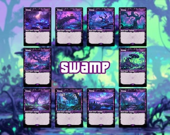 May include: A collection of nine Swamp Basic Land cards from Magic: The Gathering. Each card features a unique, fantasy landscape with a swamp theme, dominated by purple, blue, and green hues. The word "SWAMP" is displayed in large, stylized letters.