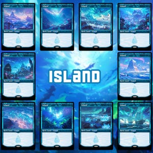 May include: Eight "Island" Magic: The Gathering trading cards are displayed. Each card showcases a different landscape illustration in blue tones, depicting various island scenes. The word "Island" is written in large white letters.