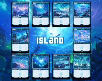 May include: A collection of eight "Island" Magic: The Gathering trading cards. Each card features a unique landscape illustration in shades of blue, depicting various island scenes. The word "Island" is displayed in large white letters.