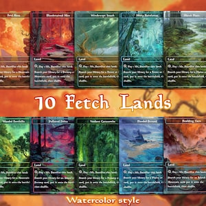 Lot de 10 cartes Fetch Land, carte magique proxy personnalisée, cartes de haute qualité, style aquarelle