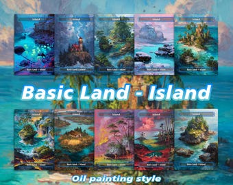 May include: A collection of ten "Island" cards with various landscape paintings in an oil painting style. Each card features a unique island scene with text that reads "Basic Land - Island".