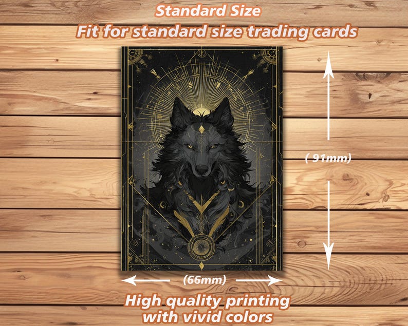 May include: A black and gold trading card with a detailed wolf illustration and celestial designs. The card measures 6.6cm wide and 9.1cm tall, suitable for standard trading cards. The text on the card reads "High quality printing with vivid colours."