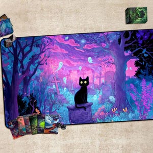 Gaming Desk Mat, Playmat for TCG, Gift, Large Mousepad, Game Card Mat，With or Without Zones，Black Cat in Fantasy Cemetery