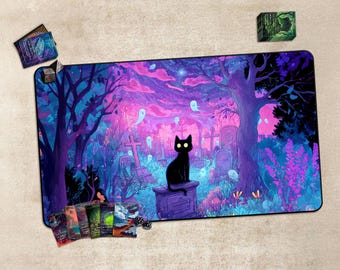 Anime TCG Playmat ,Trading Card Game Accessories,PC Game Accessory,Black Cat Gaming Desk Mat: Fantasy Cemetery TCG Playmat