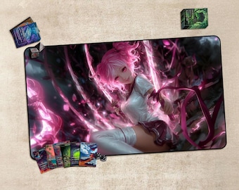 Anime Tcg Playmat, Zubehör für Sammelkartenspiele, PC-Spiel Zubehör, Pink Energy Swords Woman Gaming Schreibtischmatte: Tcg Playmat, rutschfest
