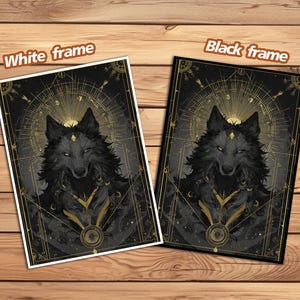May include: Two framed art prints. Each print features a detailed illustration of a wolf with a geometric design. One print has a white frame, the other a black frame. The artwork is black and gold.