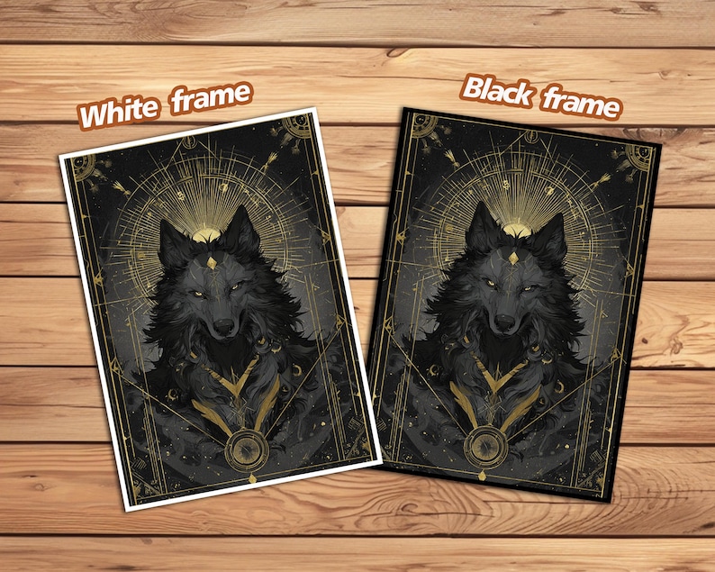 May include: Two framed art prints. Each print features a detailed illustration of a wolf with a geometric design. One print has a white frame, the other a black frame. The artwork is black and gold.