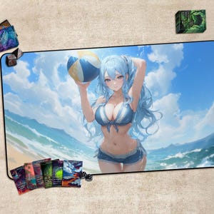 Gaming Desk Mat, Playmat for TCG, Gift, Large Mousepad, Game Card Mat，With or Without Zones，Summer Beach Ball Girl