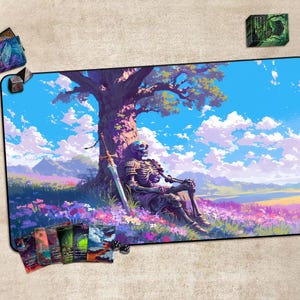 Gaming Desk Mat, Playmat for TCG, Gift, Large Mousepad, Game Card Mat，With or Without Zones，Skeleton Knight Under the Tree