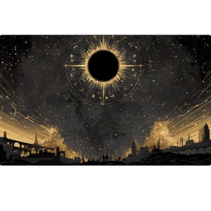 May include: Rectangular mousepad featuring a celestial design with a black sun at the center, surrounded by golden rays and stars. The bottom depicts a cityscape in silhouette, with bridges and buildings in shades of gold and black.